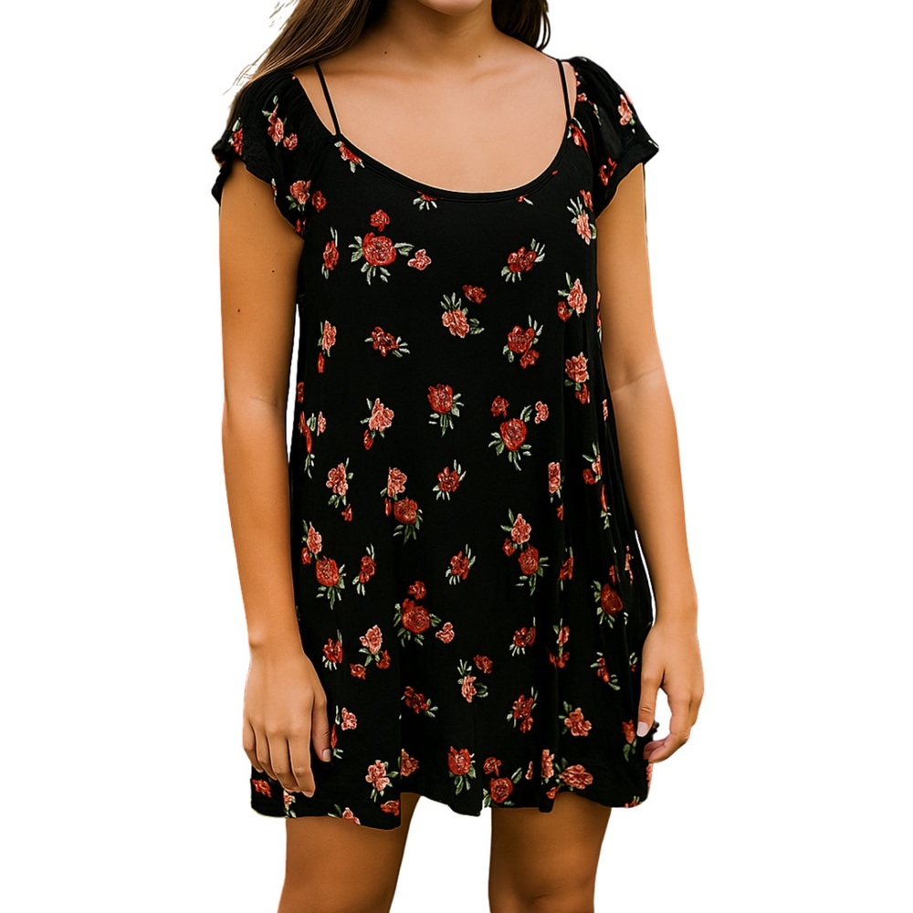 Arizona Jean Co Floral Black Short Sleeve Summer Beach Bohemian Mini Dress Large